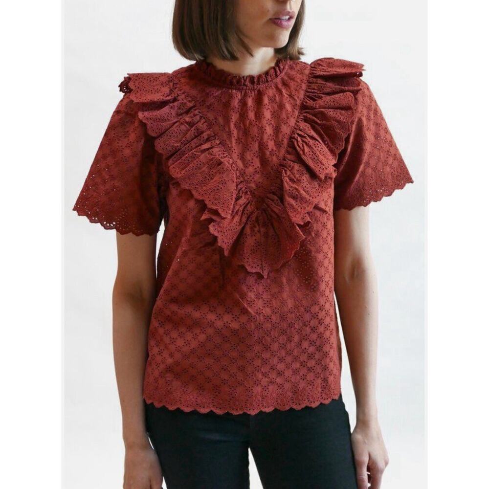 Ulla Johnson Blouse Top 2 Ruffle Eyelet Embroidered Cotton Short Sleeve Flutter